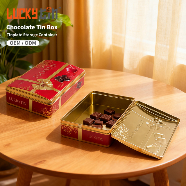 Factory-Made Custom Rectangular Red And Gold Tin Box For Chocolate Marketing & Packaging