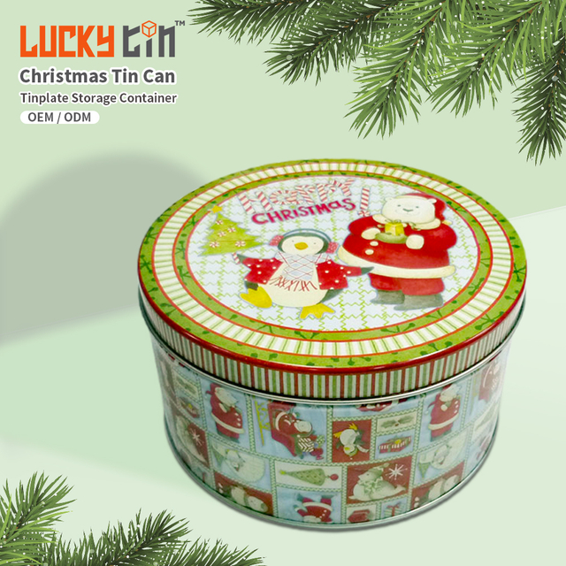 OEM ODM Custom Tinplate Packaging Recyclable Can Storage Container Round Shape Christmas Metal Boxes for Christmas