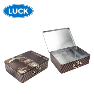 Custom Printing Tinplate Suitcase Packing Rectangular Metal Handle Case Transparent PVC Cosmetic Tin Box