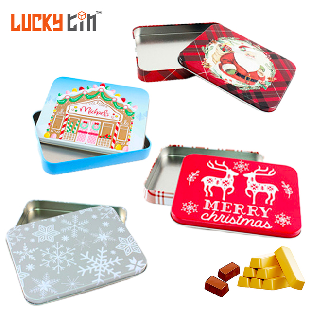 Factory Custom No-Acrylic Tinplate Packaging Rectangular Metal Can Small Christmas Chocolate Tin Box for Chocolate