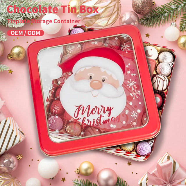 Luckytin Factory Custom Tinplate Packaging Recyclable Metal Box/Can Empty Chocolate Square Tin For Christmas Chocolate