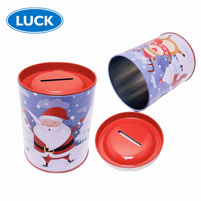 Wholesale Custom Piggy Bank Tin Can Cylindrical Shape Tin Coin Bank Christmas Money Tin For Child