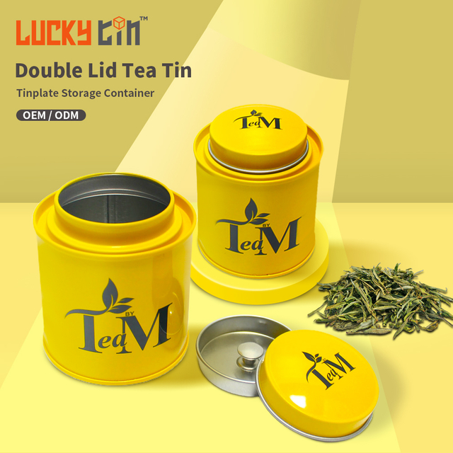 Wholesale Custom Tinplate Storage Container Round Shape Airtight Metal Box Packaging Yellow Best Tea Tin Can With Double Lid