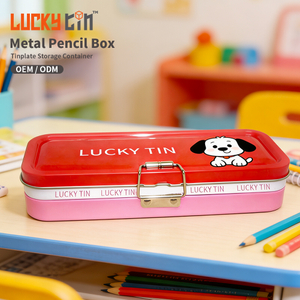 Custom Tinplate School Stationary Case Packaging Flat Rectangular Metal Case 2 Tier Slim Pencil Metal Tin Box With Layers