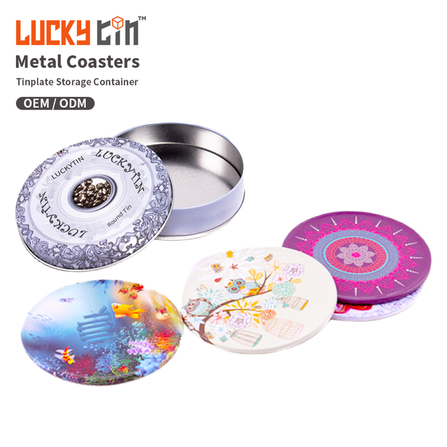 Luckytin Custom Printing Tinplate Coaster High Level Wood Tin Can Set Bar Metal Coasters Round for Drinks Blank Metal