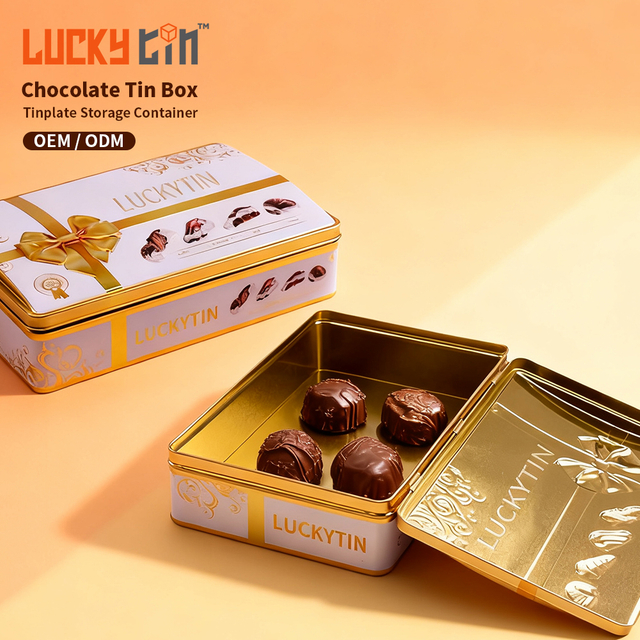 Factory Custom White Large Rectangular Metal Can Chocolate Packaging Box Chocolate Tin