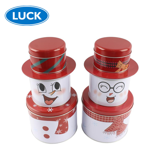 Wholesale Custom Three Floors Christmas Tin Container Snowman Shaped Metal Can Packaging Gift Food Grade Tin Box