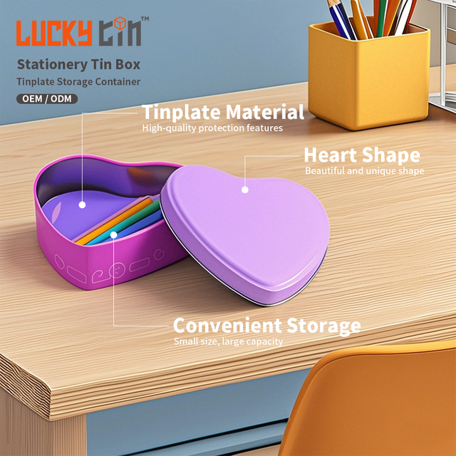 Factory Custom Tinplate Low Price School Supply Packaging Stationery Metal Box Heart Shape Tin Cute Pencil Case For Pencil