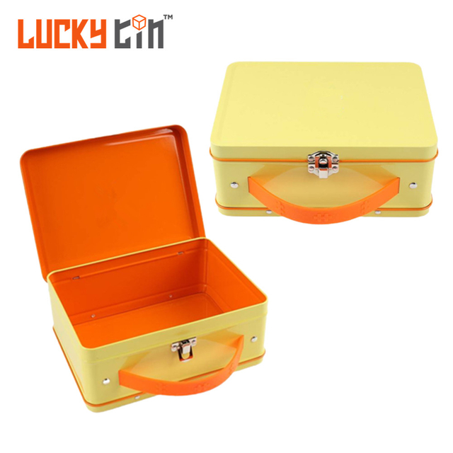 Factory Custom Tinplate Handbag Kids Metal Suitcase Gift Case Packaging Novelty Lunch Tin Box With Handle