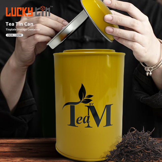 Factory Custom Tall Tinplate Storage Container Cylindrical Metal Box Double Lid Yellow Black Empty Tea Tin Can For Tea