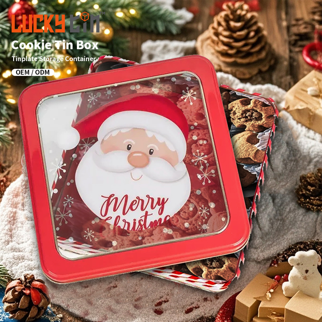 Manufacturers Custom Tinplate And Plastic Storage Container Square Holiday Metal Can Christmas Cookie Tin Box For Cookie