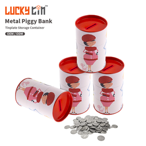 Dongguan Manufacturer Custom Tinplate Packaging Round Shape Metal Can Coin Storage Container Tin Piggy Bank Money Saving Box