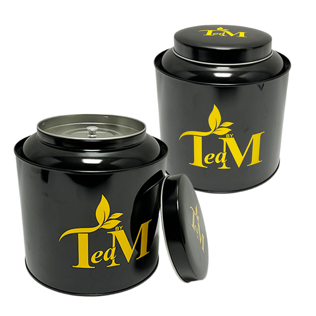 Custom High Quality Tinplate Storage Container Round Shape Metal Can Black Food Grade Large Tea Tin Double Lid For Tea Packaging