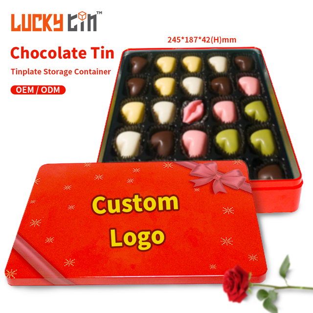 Luckytin Factory Custom Plastic And Tinplate Storage Container Rectangle Metal Can Packaging Red Gift Chocolate Tin Box