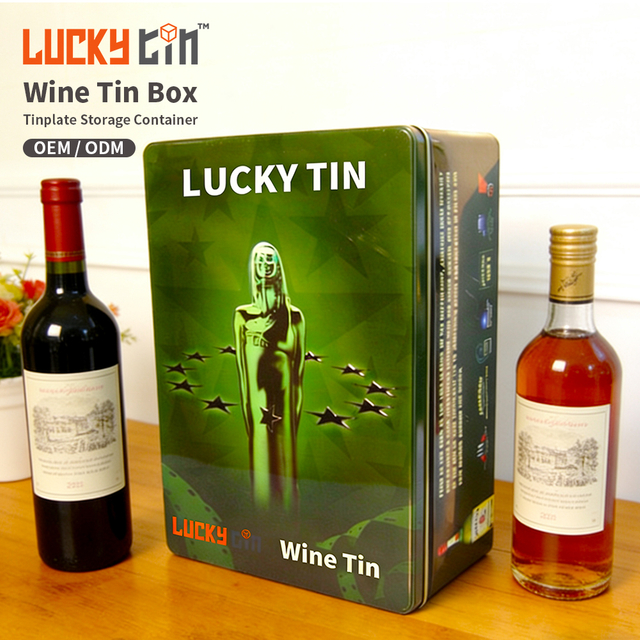 Fashion Design Custom Whisky Tinplate Storage Container Rectangle Shape Brandy Tin Packaging Green Metal Wine Box for Wine