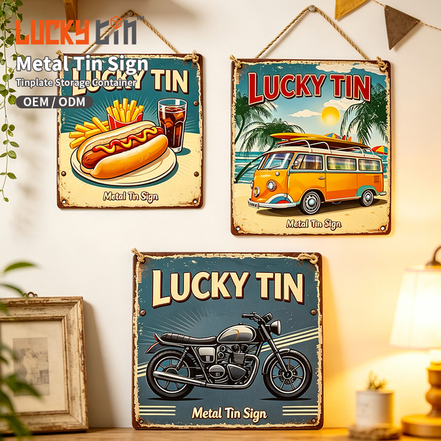 Factory Wholesale Luckytin Brand Custom Tinplate Crafts Luxury Retro Tin Signs for Bar Garage Wall Decor