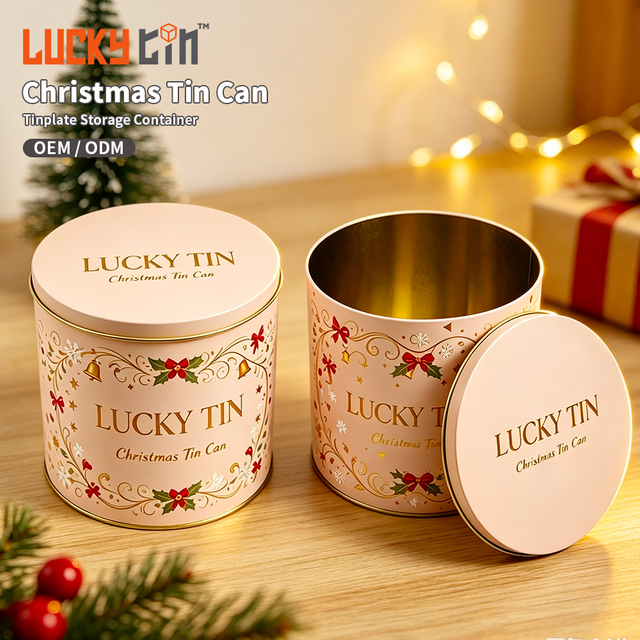 Factory Wholesale Custom Tinplate Container Large Cylindrical Christmas Tins Food Grade Storage Metal Cans for Food