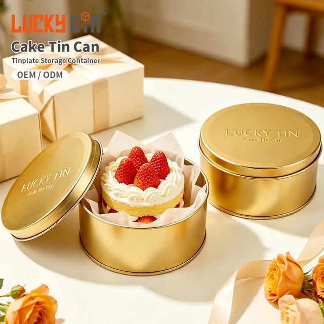 Hot Sale Food Grade Golden Custom Tinplate Round Cookie Cake Packing Tin Can Christmas Tin Box Recyclable Eco-Friendly Wholesale