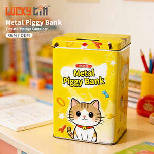 Luckytin Factory Custom Cute Kids Saving Coin Tinplate Container Money Safe Plain Tin Box Wholesale Metal Piggy Bank for Kids