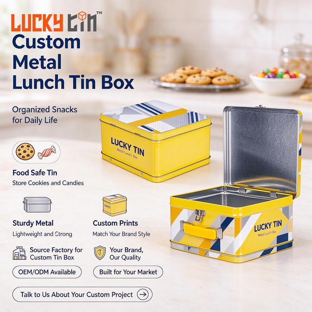 LUCKY TIN Custom Tinplate Metal Lunch Box with Handle for Cookie Biscuit Candy Chocolate Packaging Wholesale OEM