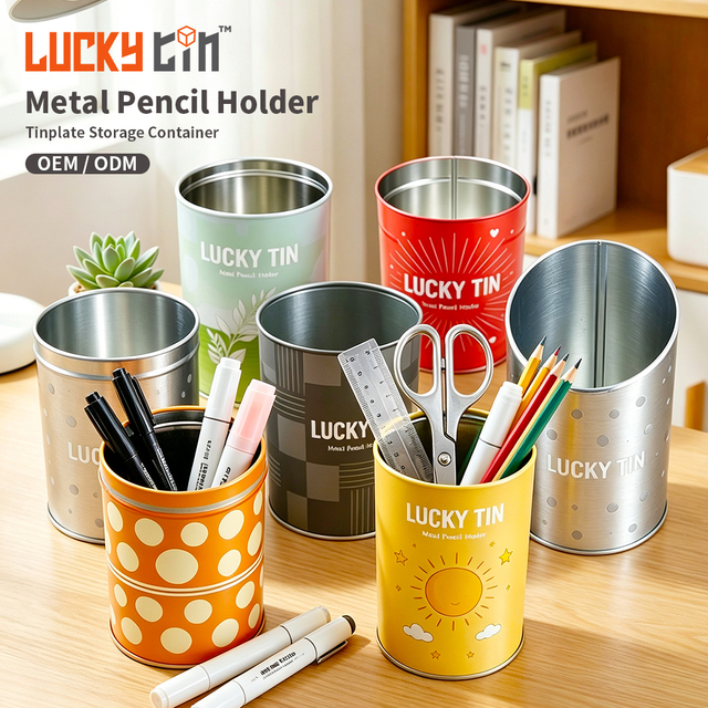 Wholesale LUCKY TIN Custom Tinplate Desktop Storage Jar Office Gift Round Metal Tin Pen Holder with Custom Logo Glossy Finish