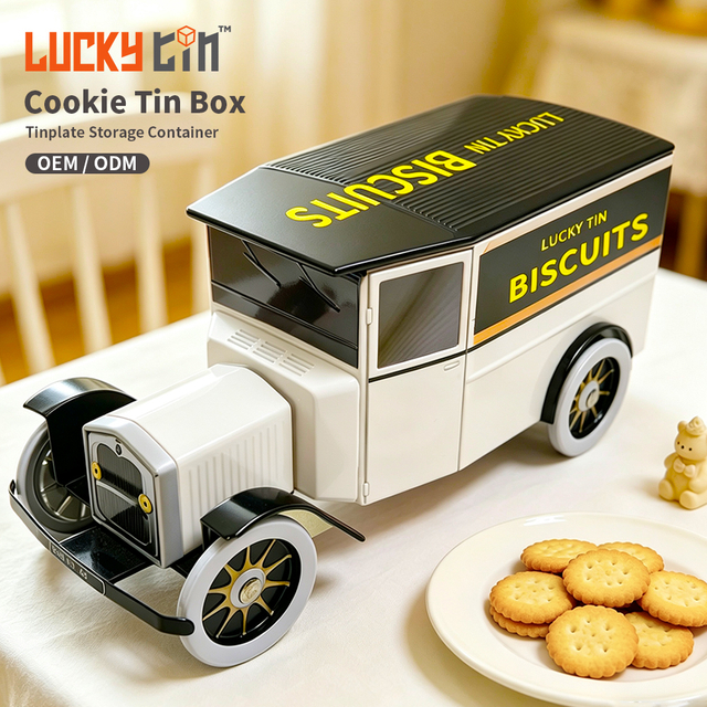 Custom Luxury Personalised Tinplate Packaging Vintage Style Butter Biscuit Metal Cans Empty Car Shaped Cookie Tin Box With Lid
