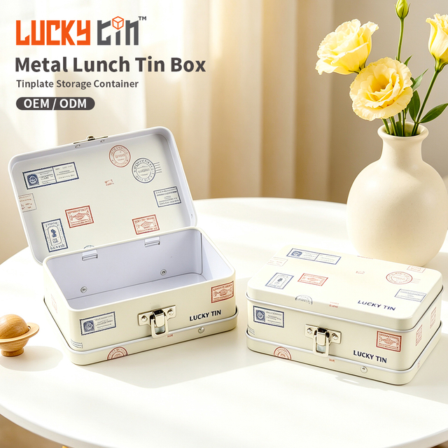 Custom Printing Tinplate Case Storage Container Rectangle Metal Can Food Grade Packaging Tin Lunch Box With Handle for Food