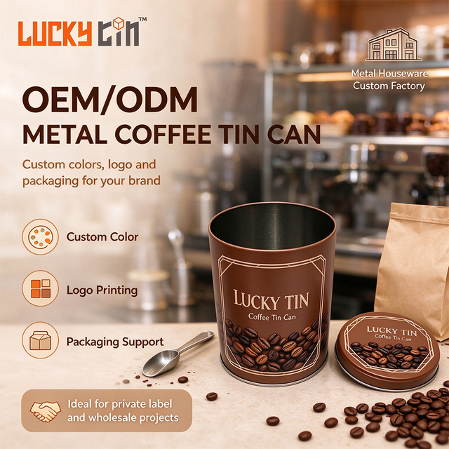 LUCKY TIN Custom Cylinder Tinplate Coffee Tin Can Metal Lid for Tea Bean Biscuit Cookies Candy Chocolate Wholesale OEM