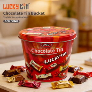 Wholesale Custom Tinplate Box Premium Round Sweets Metal Cans Empty Gift Chocolate Tin Bucket With Lid for Cookies Chocolate Bar