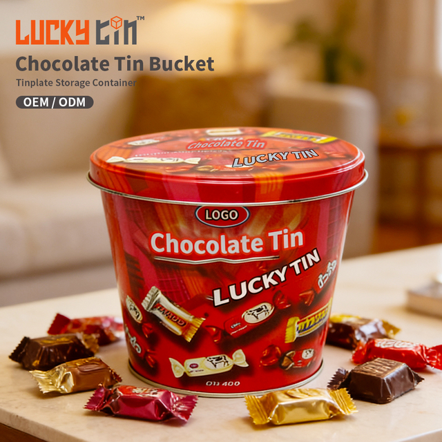 Wholesale Custom Tinplate Box Premium Round Sweets Metal Cans Empty Gift Chocolate Tin Bucket With Lid for Cookies Chocolate Bar